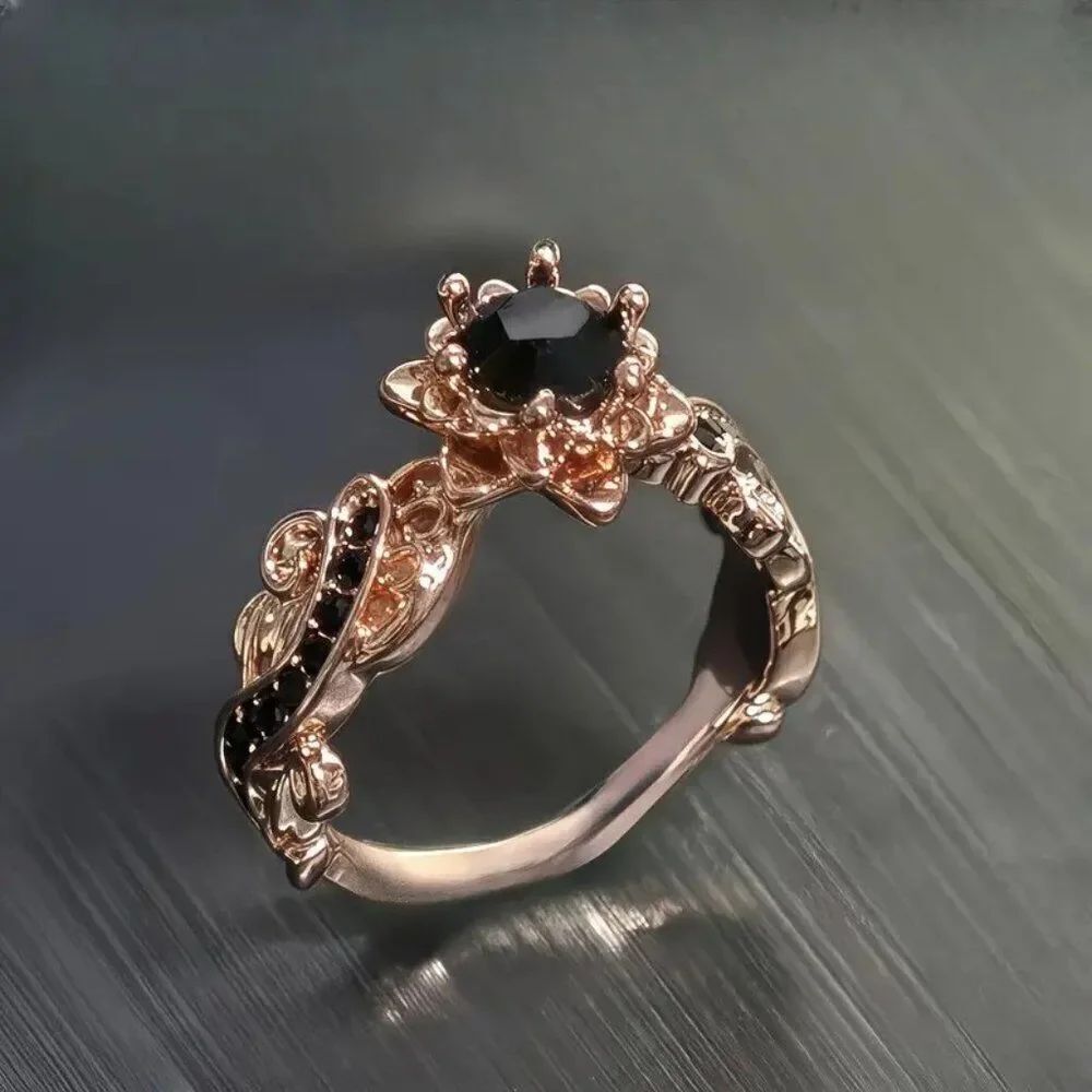Elegant Floral Rose Black Stone Ring w Black Accents Size 10